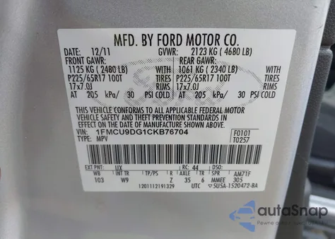 2012 Ford Escape Xlt из США, поврежденный, VIN 1FMCU9DG1CKB76704